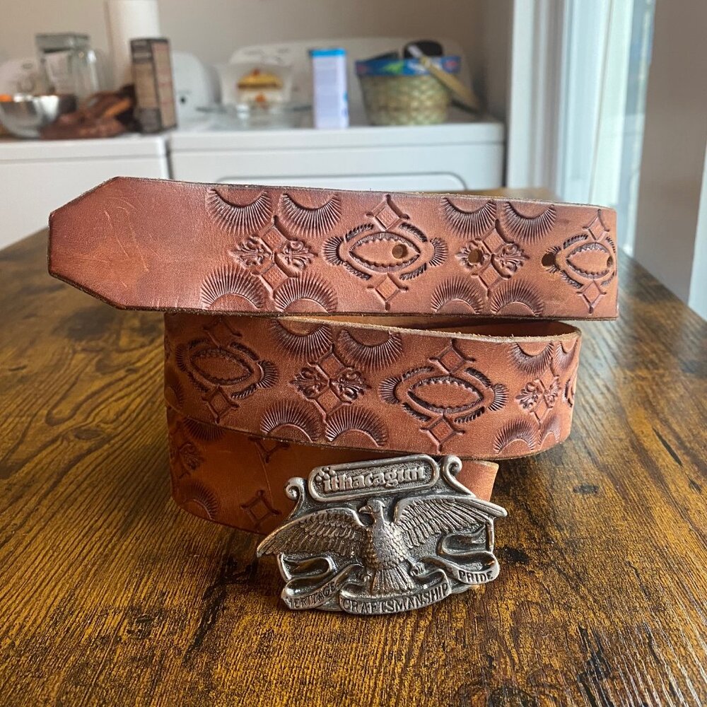 Vintage 1976 Western Tooled Leather Belt with Eagle Buckle Unisex - Picture 4 of 12